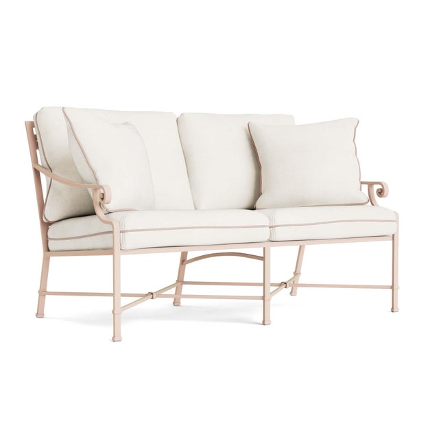 Brown Jordan Venetian Loveseat in Blush with Sea Salt and Dusty Pink Welt Cushions For Sale