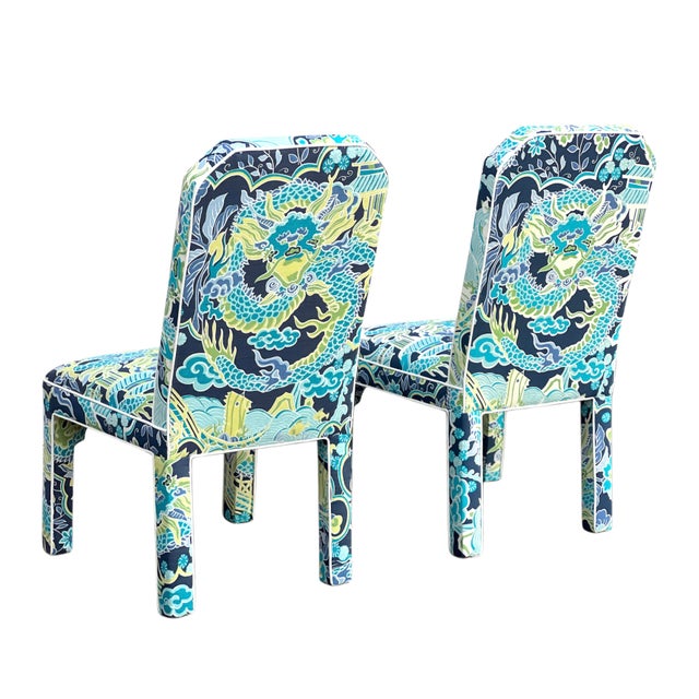 Pair MCM CasaBique Ming Armchairs in Thibaut “Imperial Dragon” For Sale - Image 9 of 18