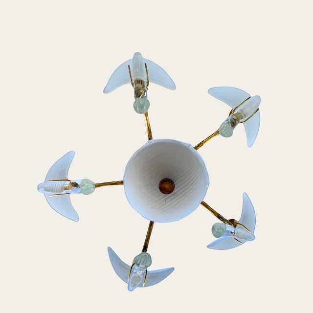 Vintage 80s Postmodern Murano Chandelier — Brass Tone • Frosted Leaf Shades • Five‑Light Fixture A sculptural statement...