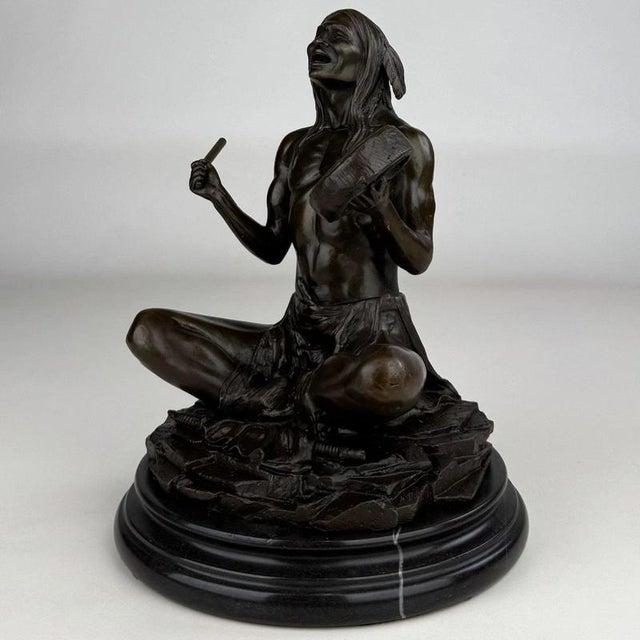 Seated Native American Drummer Figural Sculpture, 20th Century, Bronze For Sale - Image 3 of 12