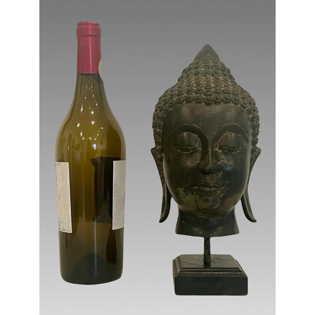 Wood Antique Bronze Ayutthaya Buddha Head Thai Sculpture, Mounted For Sale - Image 7 of 12