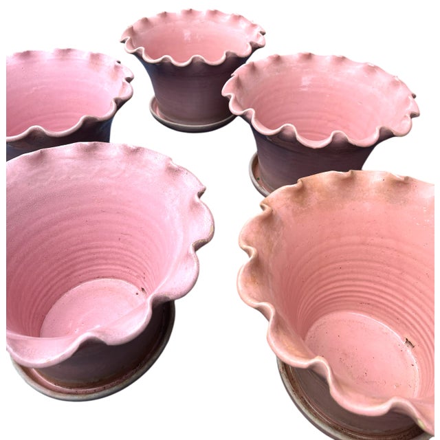 Early 20th Century Large Antique French Hand Thrown Earthenware Scalloped Pink Glazed Planters With Ruffled Rim – 8.5" Tall, 13" Diameter – Set of 5 For Sale - Image 10 of 13