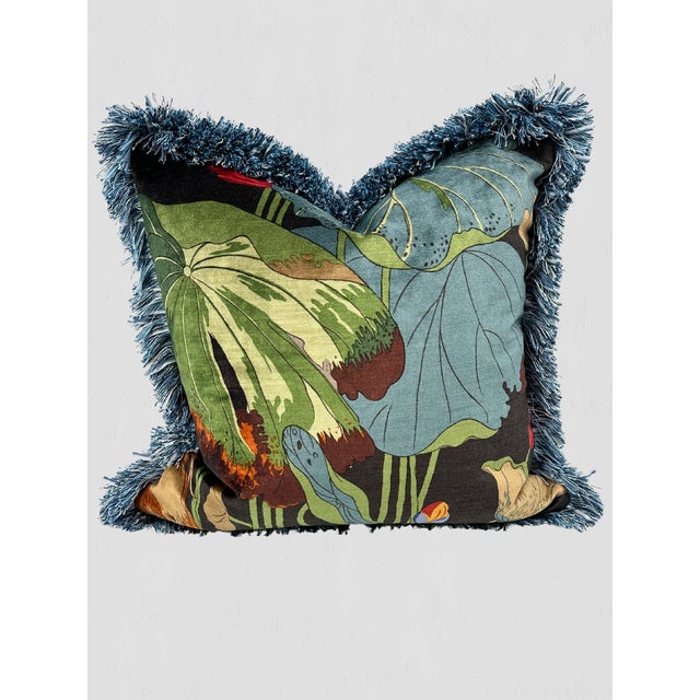 Pillow Pair custom made in GP&J Baker Nympheus Charcoal Velvet Front, Green Velvet Back, Thibaut Tape, Blue Brush Fringe....