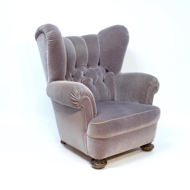 Swedish Modern Lounge Chair in Grey Velvet, 1940s For Sale - Image 4 of 16