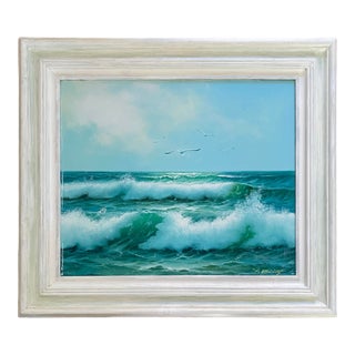 Vintage Signed Y. Keller Seascape Oil Painting, Framed Crashing Waves For Sale