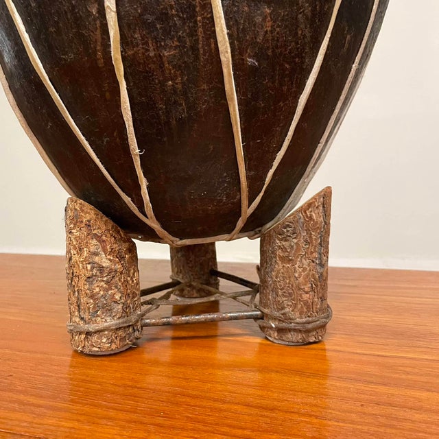 Tribal Vintage African Clay Vessel With Rawhide Trim on Custom Stand Pottery Jar For Sale - Image 3 of 11