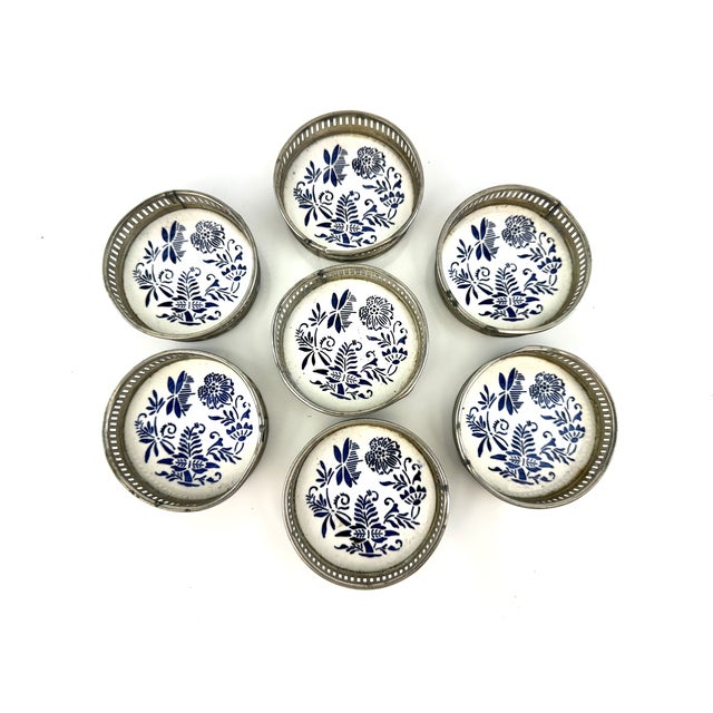 Metal Vintage Blue & White Porcelain Coaster Set With Pierced Metal Tray, Blue Onion Style Barware Set For Sale - Image 7 of 9