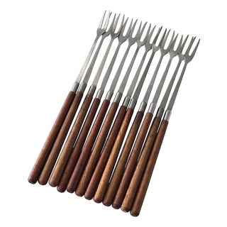 1960s Otagiri Teak Wood and Stainless Steel Fondue Forks, Set of 12 For Sale