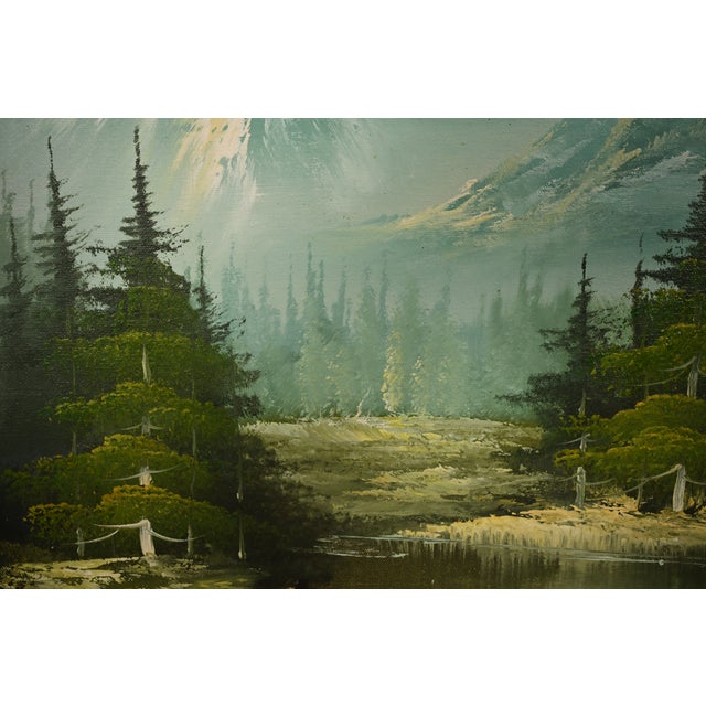 Mid 20th Century Bob Ross Style Original Signed Mountain River Landscape Oil Painting in Carved Wood Frame For Sale - Image 5 of 16
