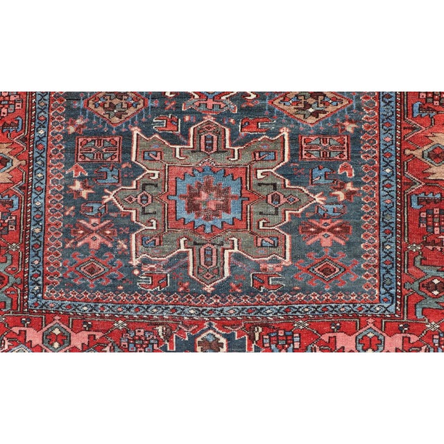 Antique Persian Karajeh Rug With Three Geometric Medallions in Red & Blue For Sale - Image 9 of 11