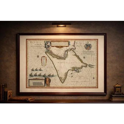 A highly important and visually captivating map of the Strait of Magellan and Tierra del Fuego, published by Willem and...