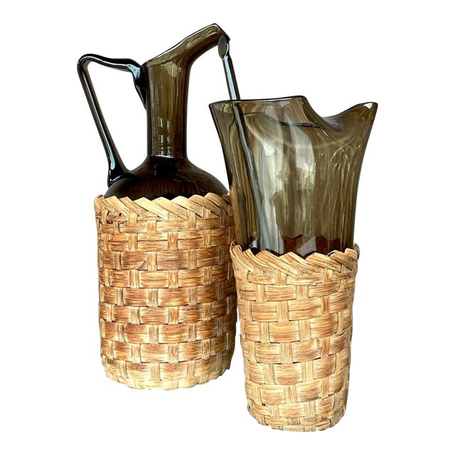 Vintage Boho Woven Rattan Bar Set of 2 For Sale