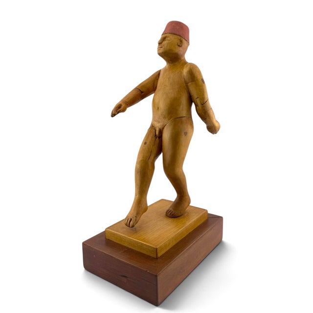 1990s Donald Nelsen Modernist Painted Wood Walking Figure Sculpture With Fez For Sale In New York - Image 6 of 18