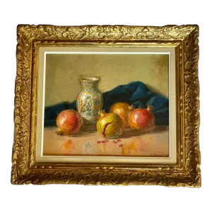 1950s Painting Still Life With Pomegranates Oil on Canvas Sign Domingo Francesco Spain