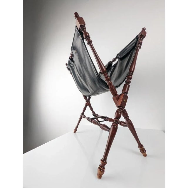 Black Leather And Turned Wood Folding Magazine Rack, 1930s For Sale - Image 4 of 8