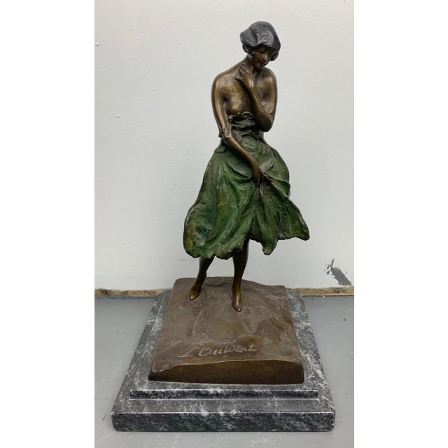 Art Deco French Bronze Statue "L Accident" inspired by the etchings of Louis Icart. Mounted on green marble base. From the...