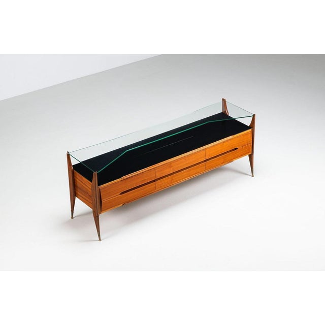 Italian sideboard attributed to vittorio dassi in walnut, glass and brass, manufactured by g. Cecchini e c., italy, 1950s....