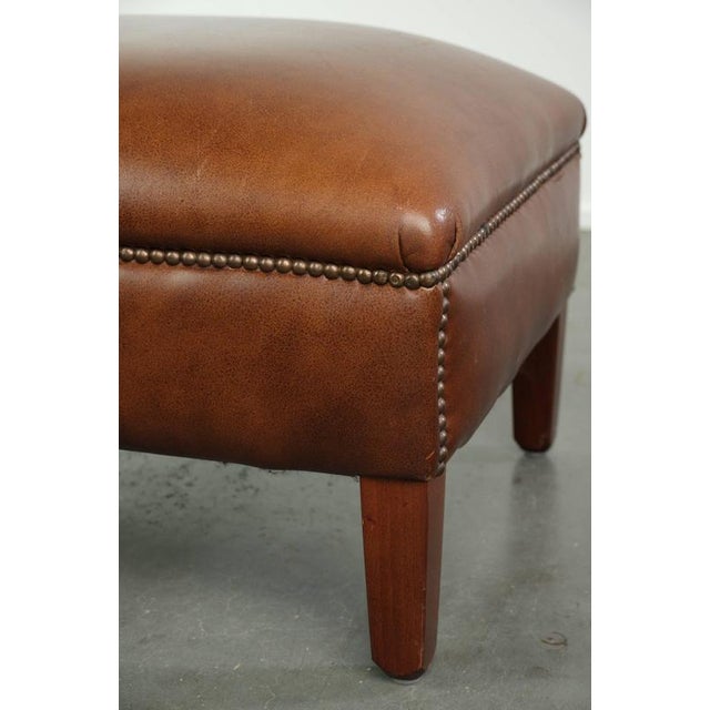 Brown Cognac Cowhide Leather Ottoman with Decorative Nails For Sale - Image 8 of 10