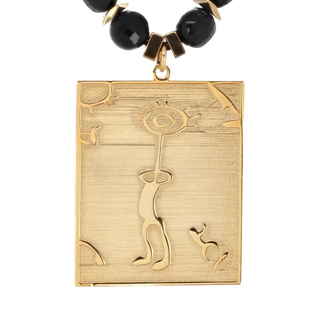 Metal Healer Spiral Sun Shamanic Pendant Black Agate Beaded Necklace For Sale - Image 7 of 10