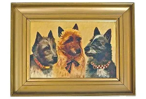 Vintage Three Terriers Oil Painting