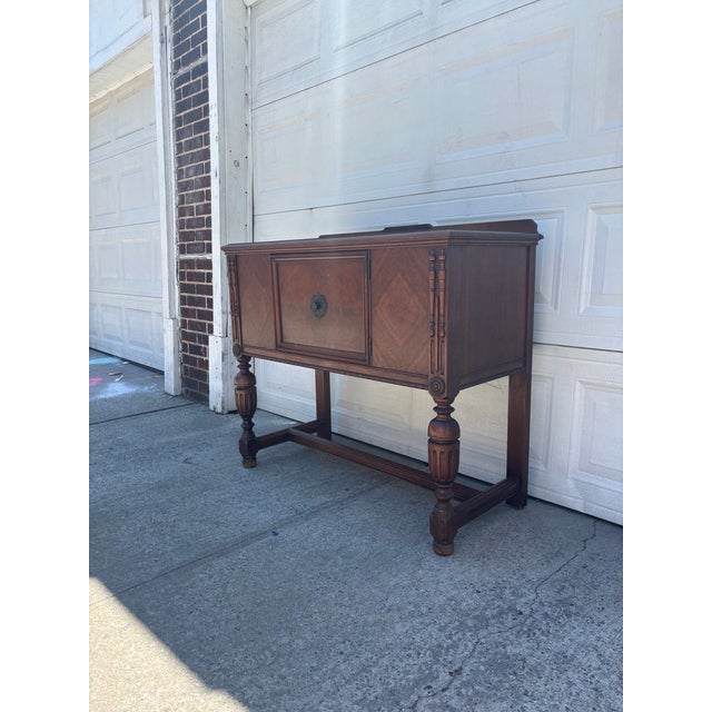 Vintage Jacobean Revival Cabinet | Antique Tudor Style Walnut Server Console | Dark Academia Sideboard For Sale - Image 4 of 11