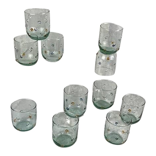 Set of 11 Mid-Century Hand-Blown Double Old Fashioned Glasses With Applied Prunts For Sale