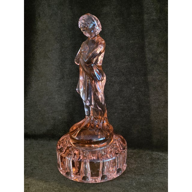 Mint condition Art Deco Cambridge Glass pink Draped Lady flower frog This elegant Art Deco figural flower frog showcases a...