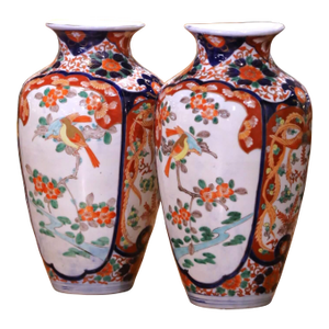 Pair of Meiji Period Japanese Imari Porcelain Vases With Songbirds and Blossoms