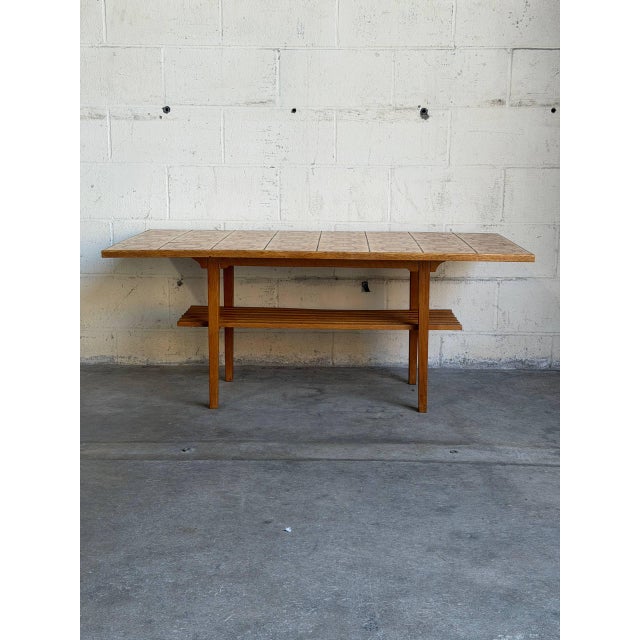 Vintage Danish Oak Coffee Table With Patterned Ceramic Tile Top and Slatted Shelf 1970s For Sale - Image 4 of 10