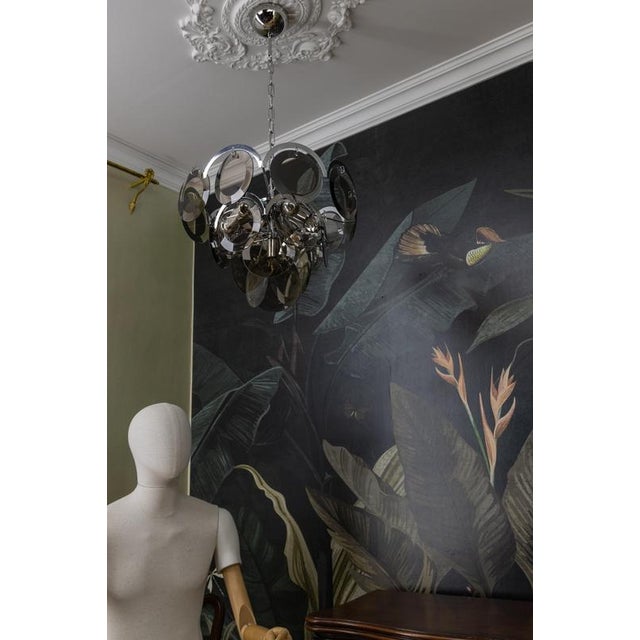 Smoked Glass and Chromed Metal Seven-Light Pendant Chandelier, 1970s For Sale - Image 10 of 18