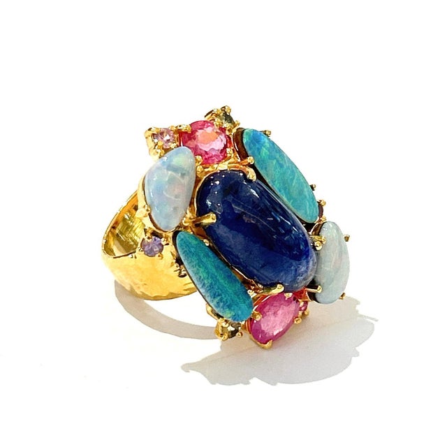 Baroque Bochic “Orient” Opal, Ruby & Multi Sapphire Vintage Cluster Ring Set 18k & Silver Size 5.5 For Sale - Image 3 of 4