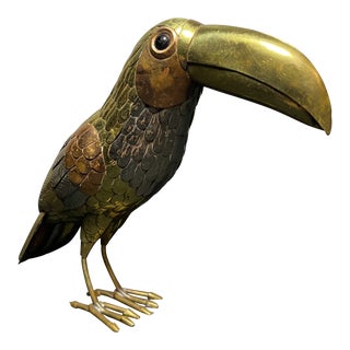 1970s Carlos Del Conde Mixed Metal Brass Copper Freestanding Toucan Sculpture For Sale
