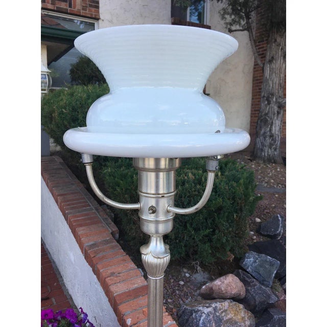 Art Deco 1930s Art Deco Slivered Metal Torchiere & Milk Glass Diffuser For Sale - Image 3 of 13