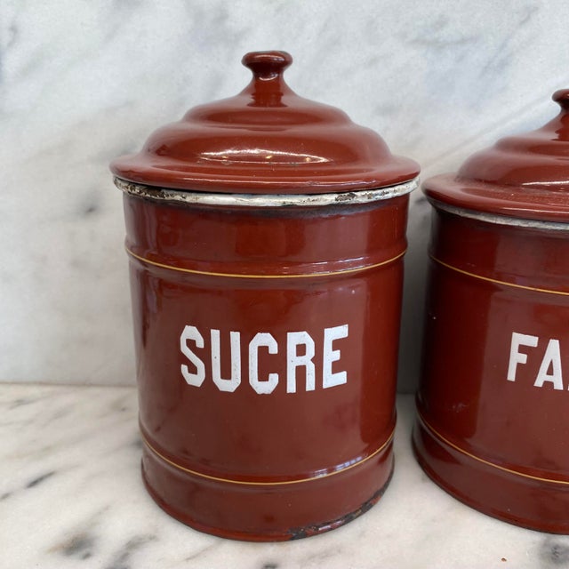 French Set of Five French Reddish Brown Enamel Kitchen Canisters With Original Lids For Sale - Image 3 of 18