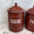 French Set of Five French Reddish Brown Enamel Kitchen Canisters With Original Lids For Sale - Image 3 of 18