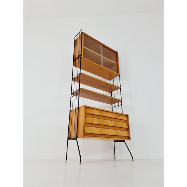 Brown Freestanding String Shelf-System Unit Bookcase in Oak and Metal by Silverschild, 1950s For Sale - Image 8 of 10