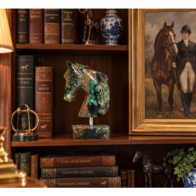 Figurative Natural Emerald Gemstone Horse Bust Sculpture Hand Carved Cherry Blossom For Sale - Image 3 of 13