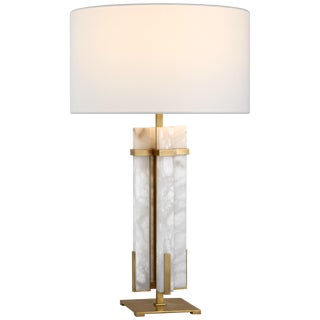 Ian K. Fowler for Visual Comfort Signature Malik Large Table Lamp in Hand-Rubbed Antique Brass & Alabaster with Linen Shade For Sale