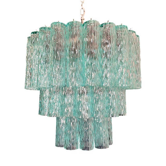 Large Turquoise Murano Glass 3-Tier Tube Chandelier from Venini, 1990s For Sale