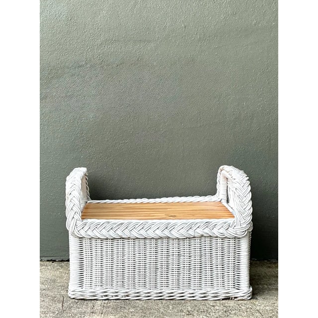 Lexington Furniture Vintage Braided White Rattan Ottoman For Sale - Image 4 of 12