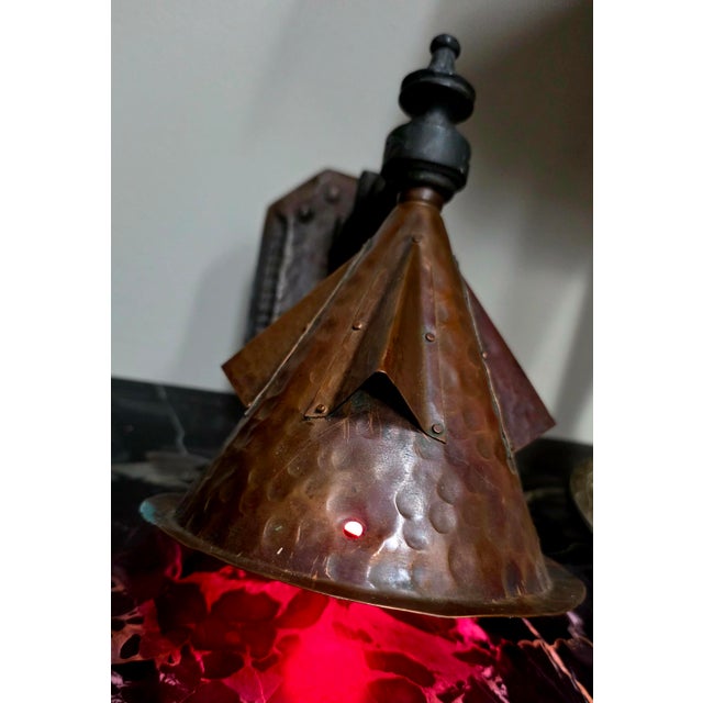 1930s 1930s Arts and Crafts Hammered Copper Wall Sconce, Black Metal Arm, Corded Cone Shade For Sale - Image 5 of 6