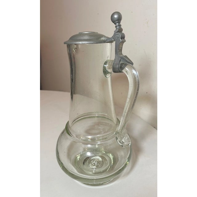 Large Antique 1800s Hand Blown Glass Pewter German Lidded Beer Stein Mug Pitcher For Sale - Image 4 of 11