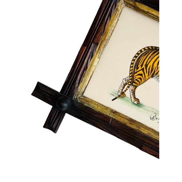 Original Hand-Painted Folk Lion Painting in an Antique Folk Frame For Sale - Image 4 of 5