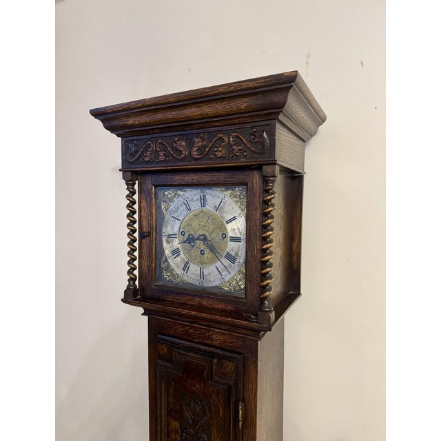 1900 - 1909 Antique Edwardian Oak Triple Weight Chiming Grandmother Clock, 1900 For Sale - Image 5 of 10