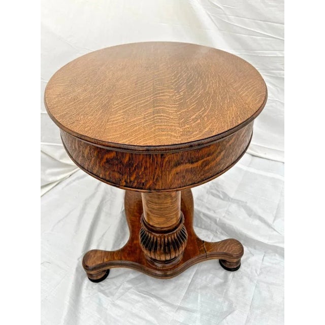 Traditional 1910s Oval Desk Writing Table Tiger Oak Drawer Shelf Fluted Base Columns For Sale - Image 3 of 10