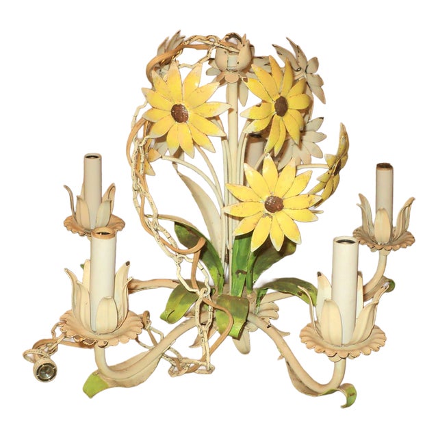 Vintage French Italian Tole Metal Painted Daisy Chandelier For Sale