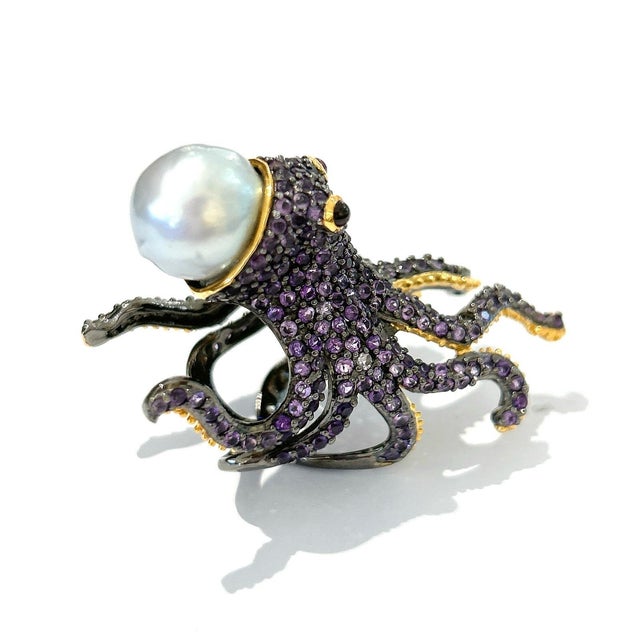 Traditional Bochic “Orient” Pink/Purple Amethyst & South Sea Pearl Ring in 18k Gold & Silver Size 6 For Sale - Image 3 of 5