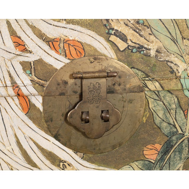 Chinese Qing Style Painted Exotic Birds Leather Trunk Table For Sale - Image 13 of 17