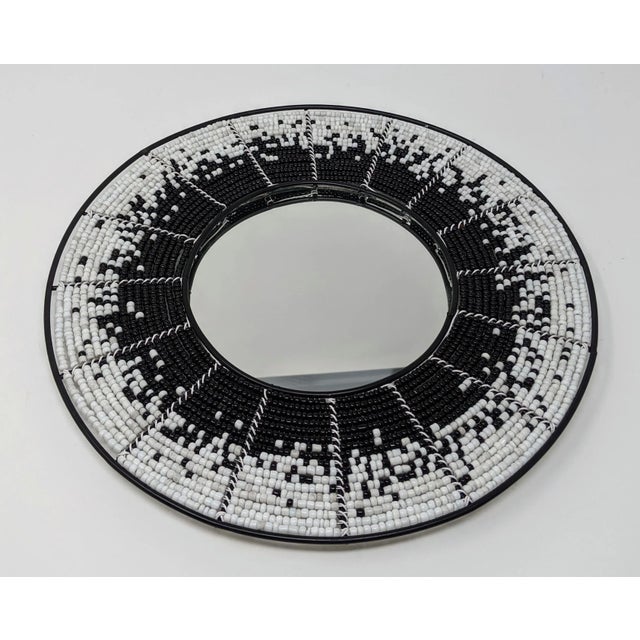 African Boho Bohemian Beaded Wall Mirror - Hand Beaded and Handmade in Black and White Starburst of Seed Beads For Sale In Providence - Image 6 of 8