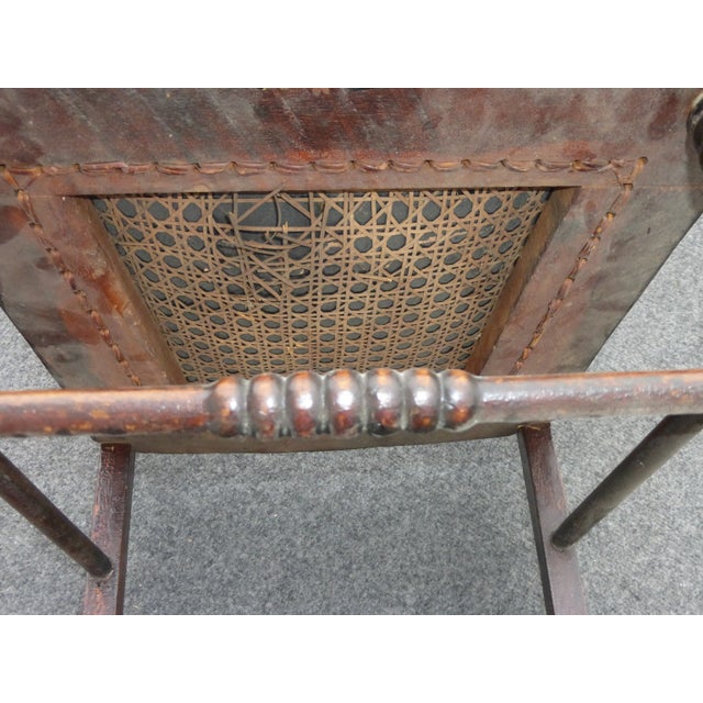 Vintage Carved Rustic Farmhouse Wood Side Chair W Leather Seat For Sale - Image 10 of 11